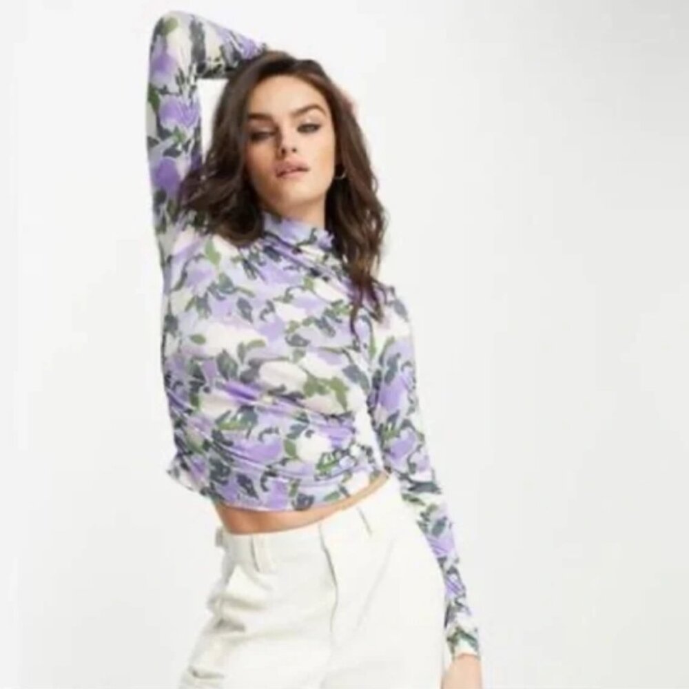 & Other Stories—Long Ruched Sleeve Mock Neck Printed Floral Blouse– Size Small